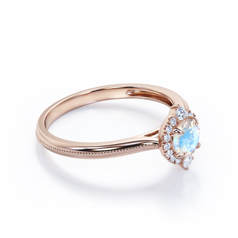 Authentic Milgrain Round cut 1.15 carat Moonstone and Diamond Halo Bridal set in White gold