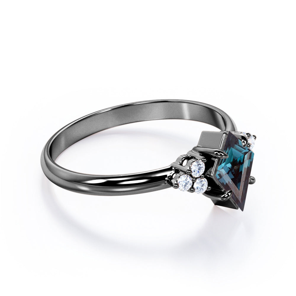 Eccentric Claw prong 1.1 carat Kite shaped Synthetic Alexandrite and diamond multistone engagement ring in Rose gold