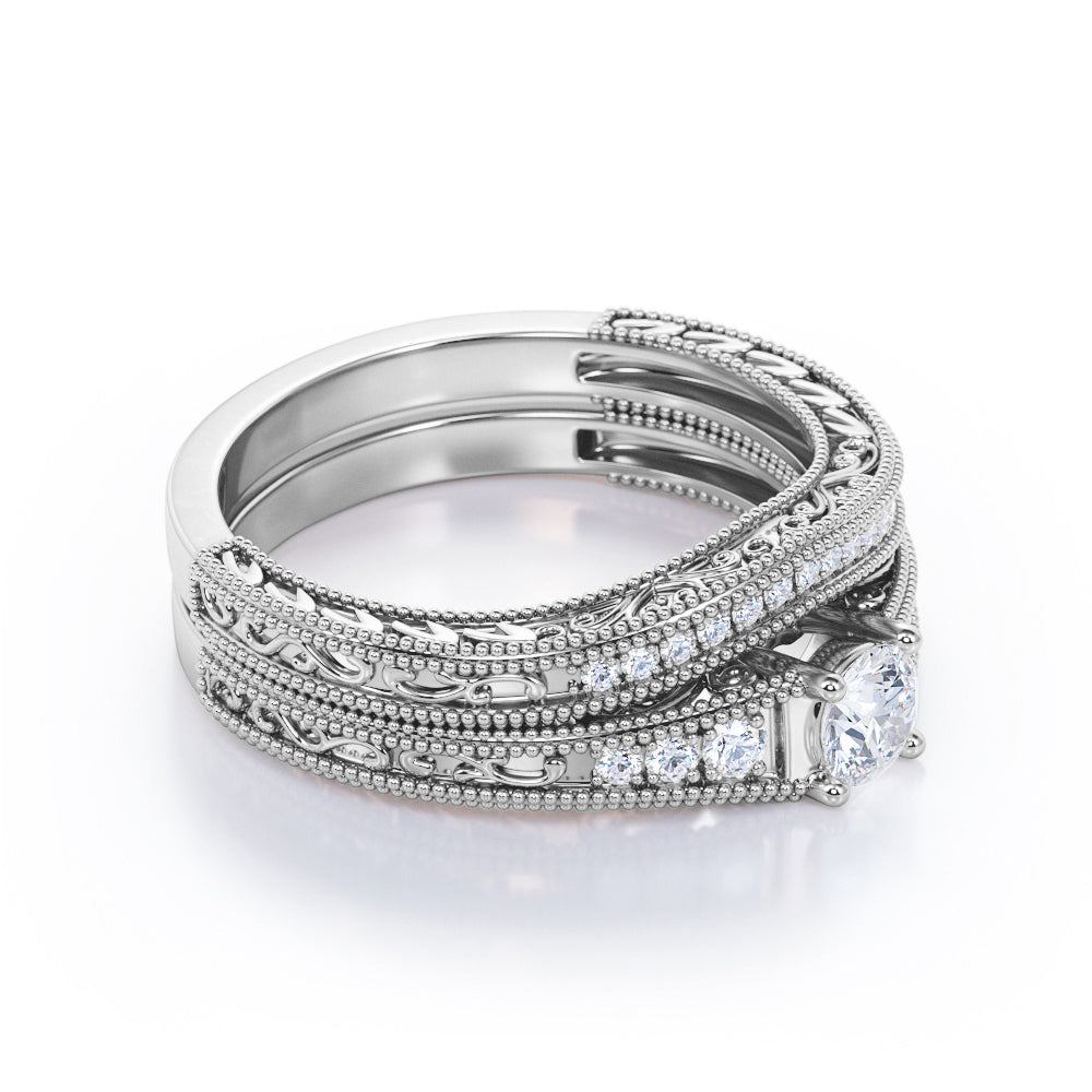 Contoured 0.8 carat Round cut Moissanite and diamond vintage filigree wedding ring set in rose gold