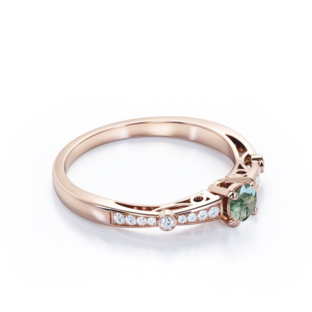 Baguette shank style 0.75 carat Round cut Moss Green Agate and diamond art deco engagement ring in White gold