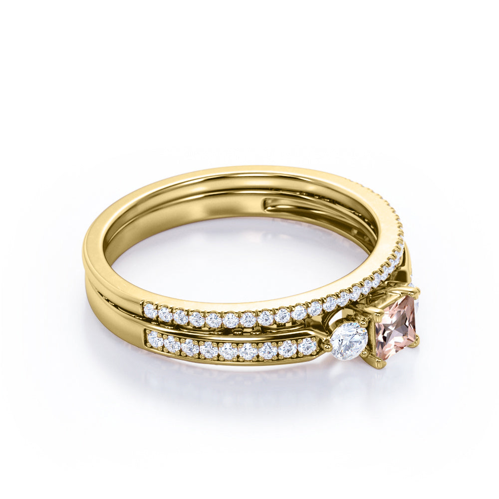 Antique trio 1 carat Princess cut Pink Morganite and pave diamonds eternity wedding ring set for her in Rose gold