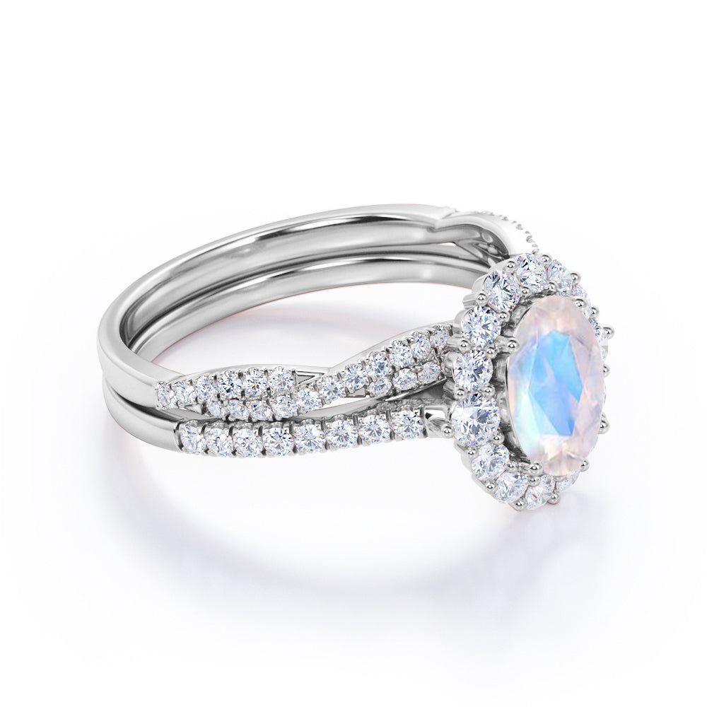 Cluster Halo 1.75 carat Oval cut Moonstone and Diamond Vintage Bridal set for women