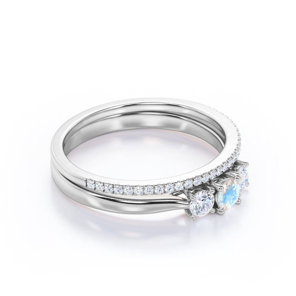 Elegant Trilogy 1.4 carat Round cut Rainbow Moonstone and diamond eternity wedding ring set for women in Rose gold