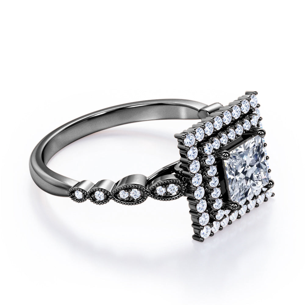 Antique inspired 1.75 carat Princess cut Moissanite and diamond double halo engagement ring in White gold