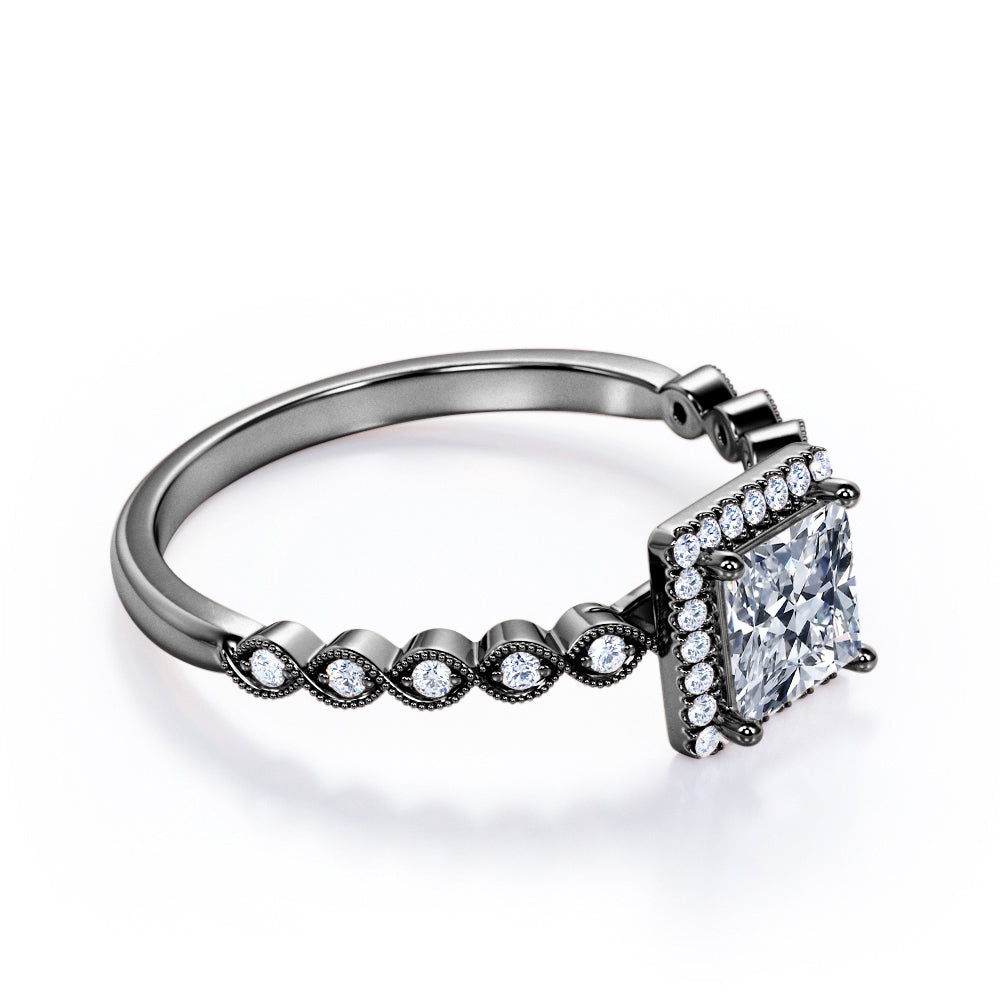 Princess Halo 1.35 carat square cut Moissanite and diamond vintage engagement ring in White gold