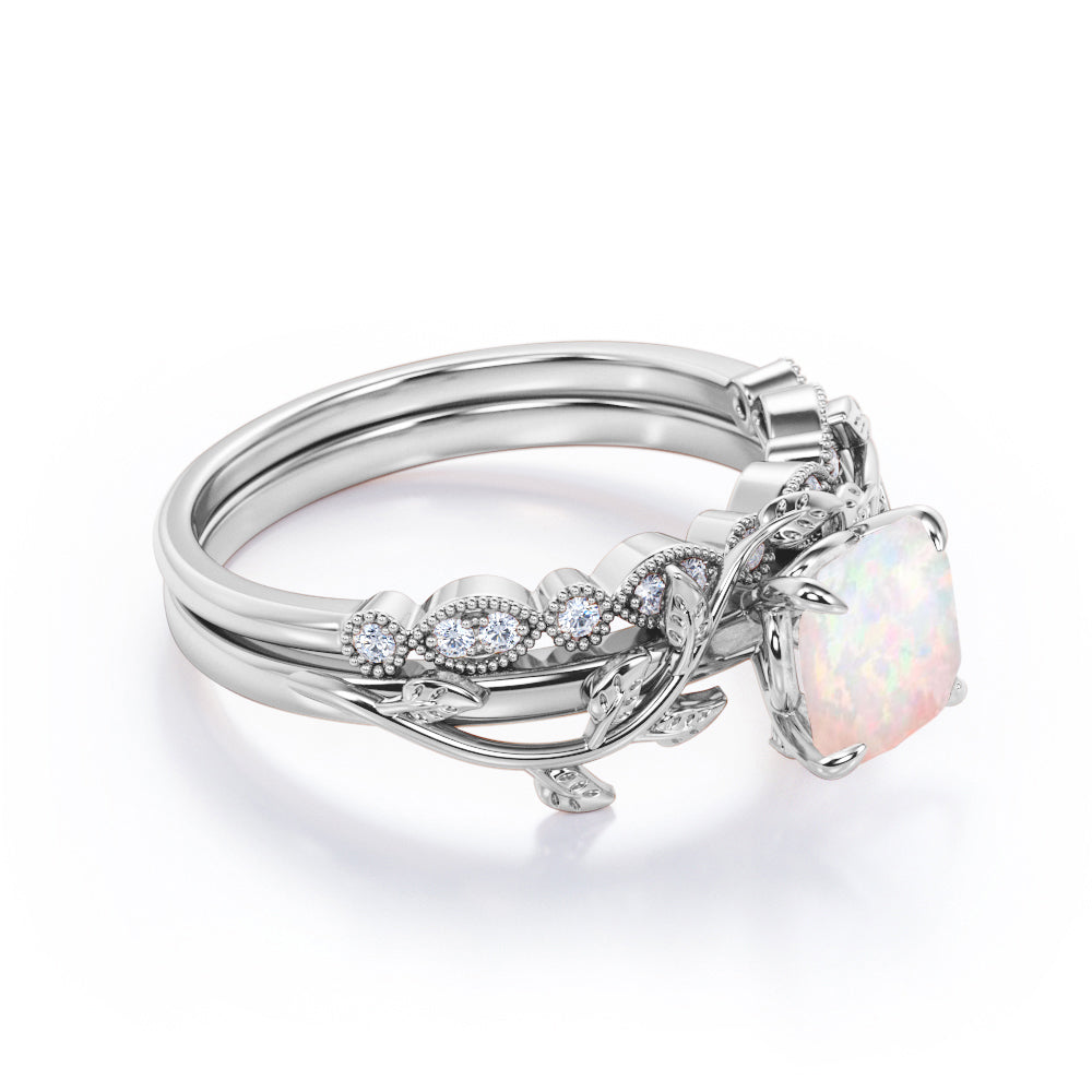 Branch-leaf inspired 1.15 carat Cushion cut Fire Opal and diamond Milgrain Wedding ring set in gold