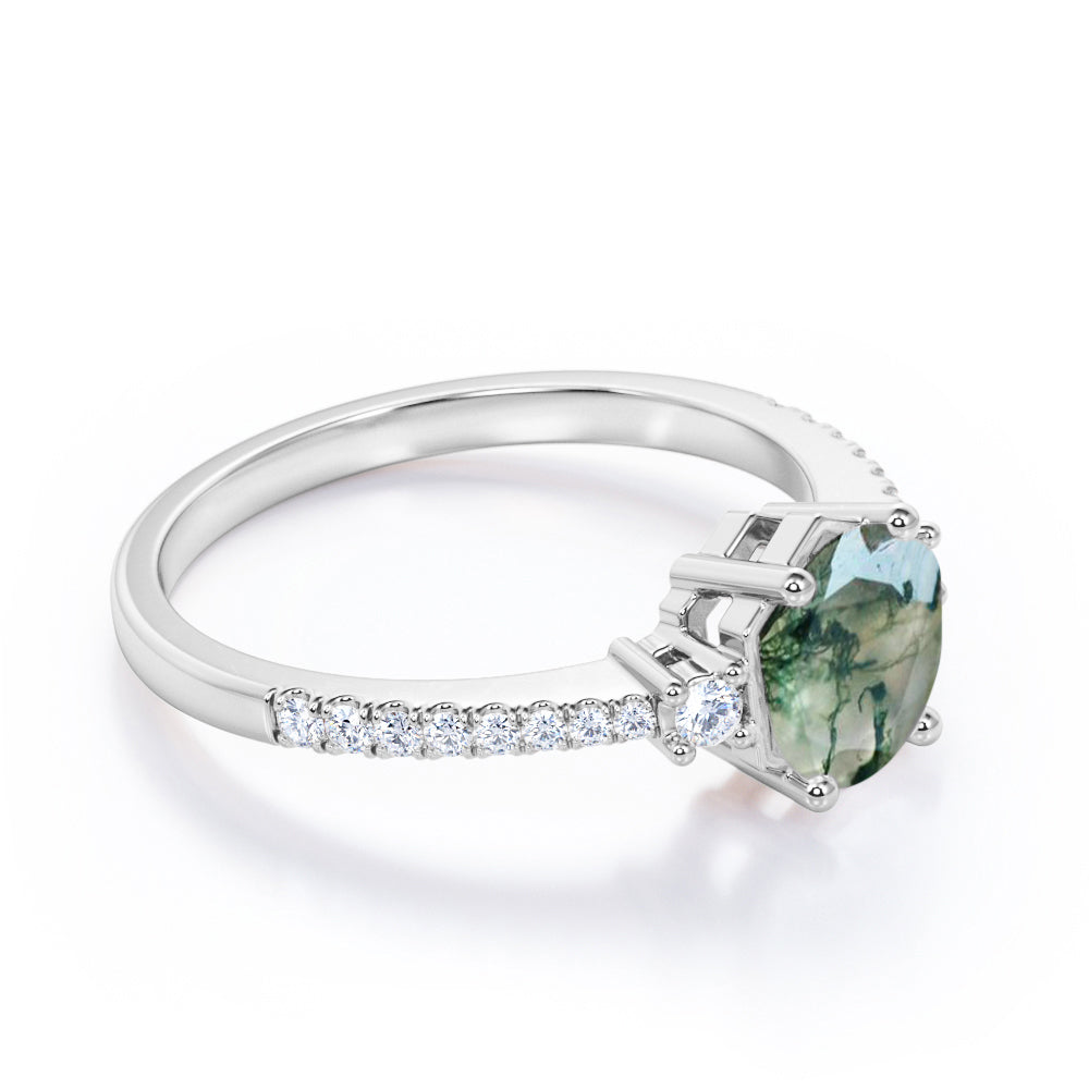 1.35 carat Round cut Moss Agate and diamond trinity pave engagement ring in Yellow gold