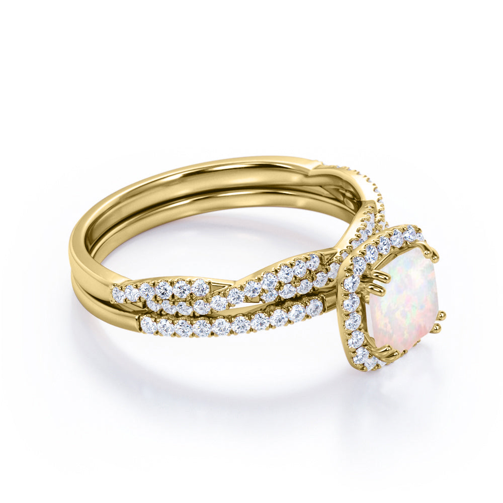 Vintage 1.6 carat Cushion cut Fire Opal and diamond Twisted infinity Wedding ring set in White gold