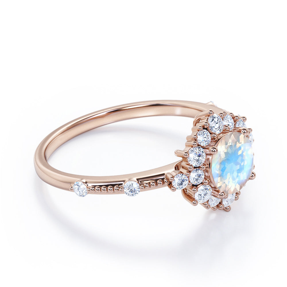 Statement 1.5 carat Round cut Blue Moonstone and diamond snowflake engagement ring in White gold