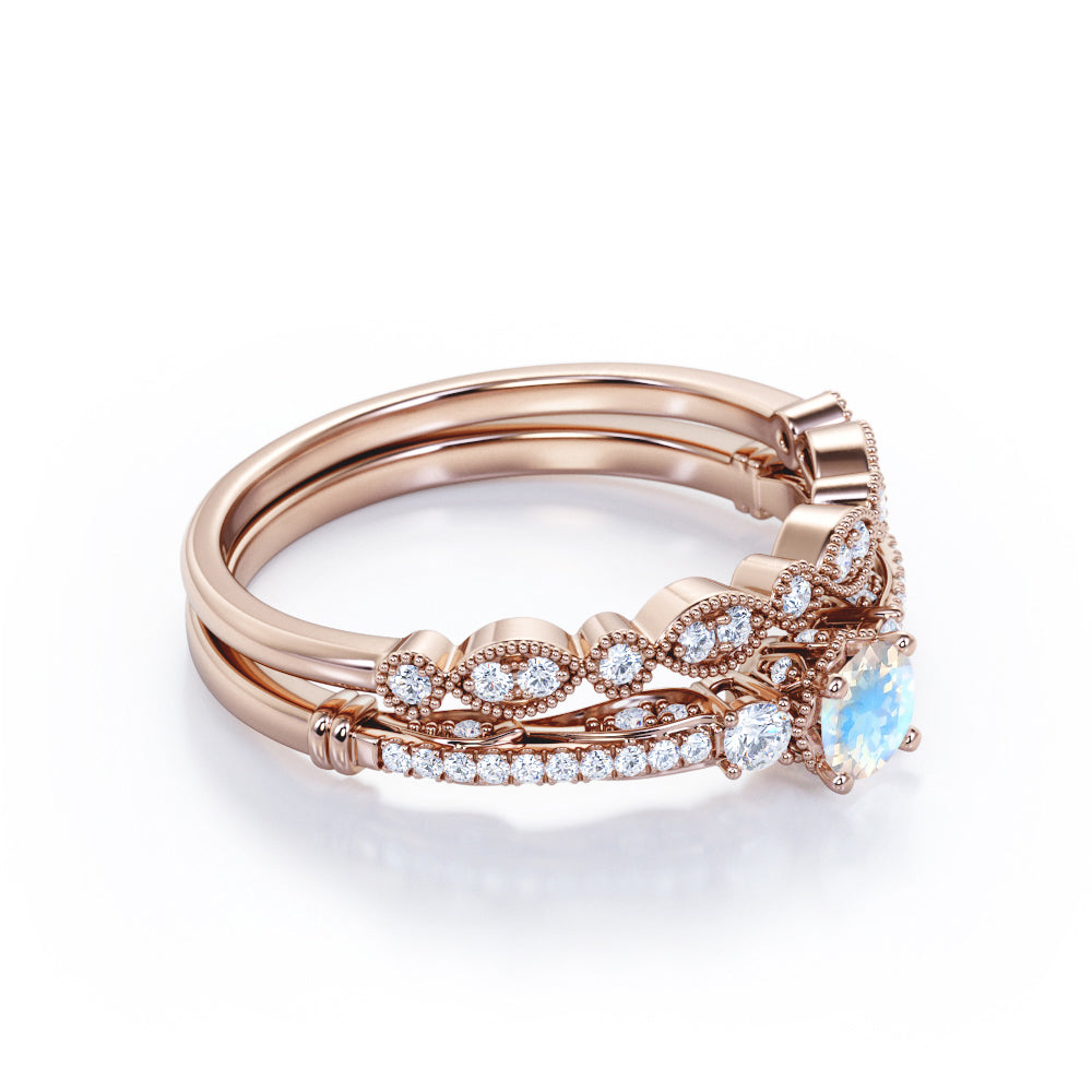 Traditional Eternity setting 1 carat Round cut Rainbow Moonstone and diamond three stone wedding ring set for women in Yellow gold