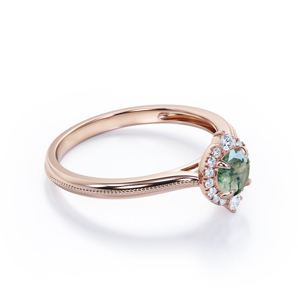 Milgrain Filled 0.75 Round cut Antique Pointed Halo Moss green Agate and diamond wedding ring set for women in gold