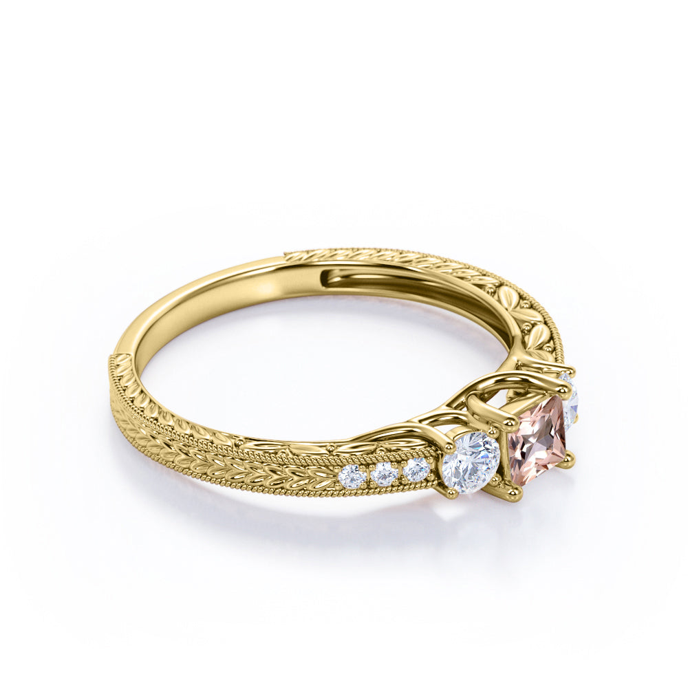 Modern 1.1 carat Princess cut Peach pink Morganite and diamond-3 stone engagement ring-leaf filigree ring for her