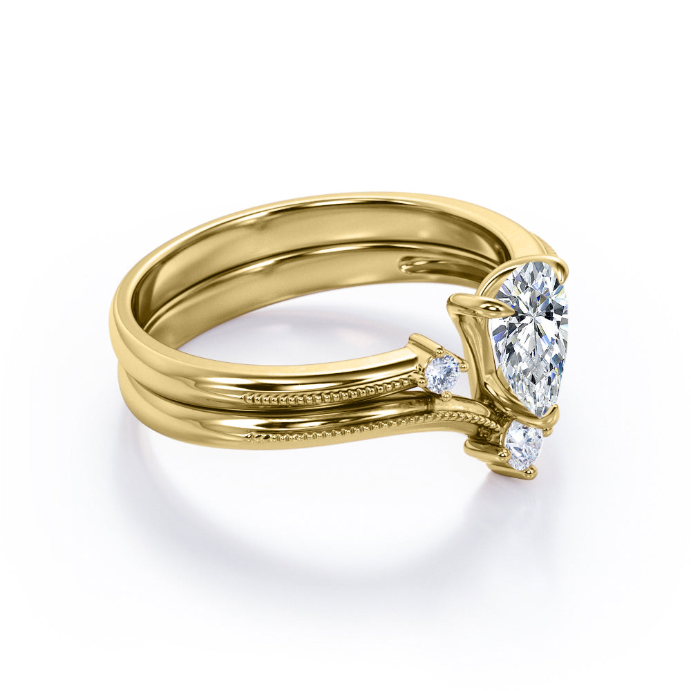 Unique 4 stone 1.1 carat pear cut moissanite and diamond-open ring- milgrain wedding ring set for her