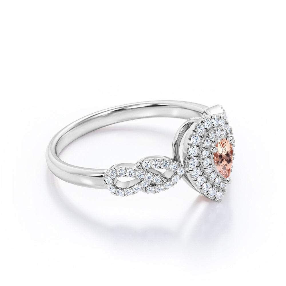 1.5 carat Pear cut Peach Morganite and diamond twisted double halo engagement ring in Rose gold