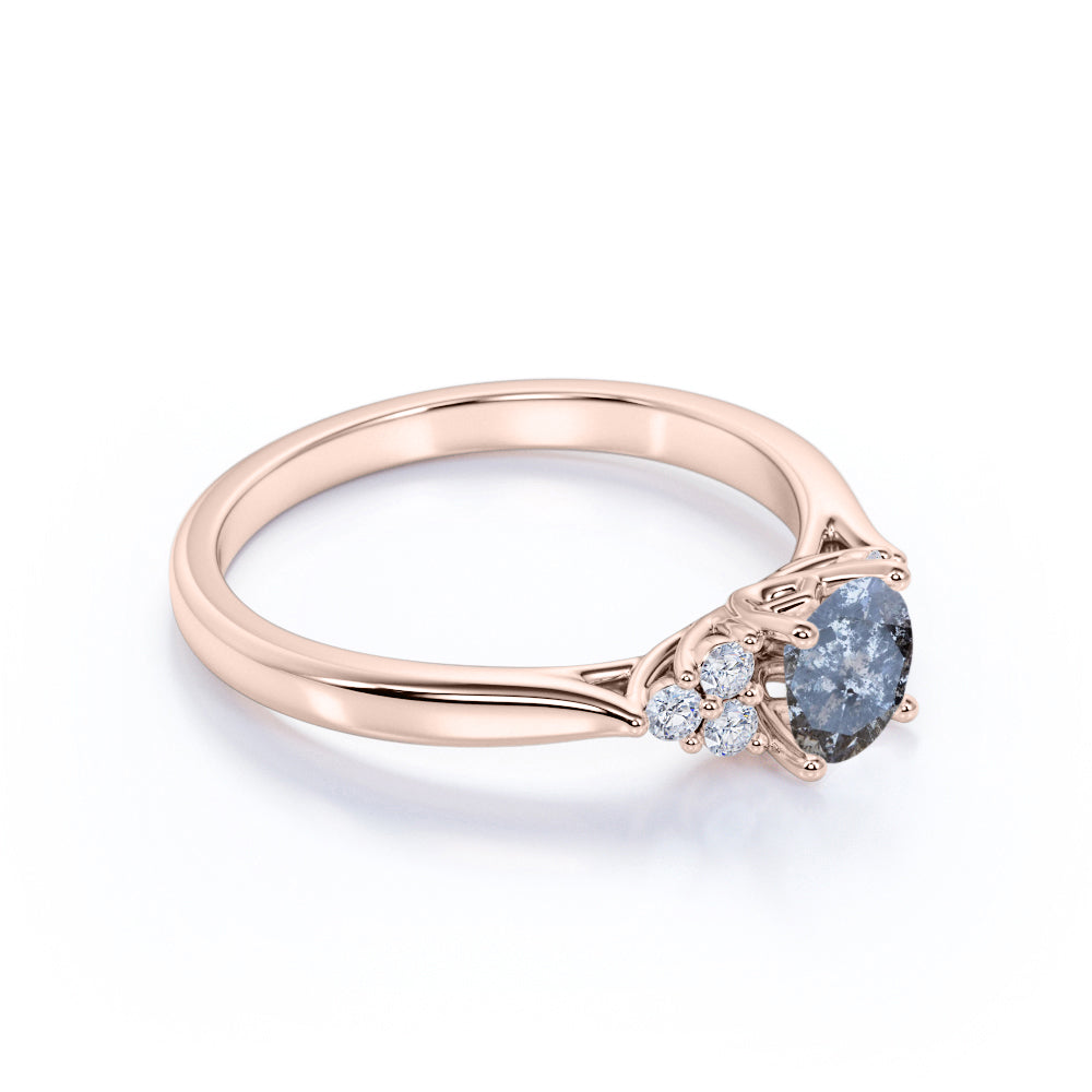 Classic 7 Stone 0.45 carat Round Shaped Salt and Pepper Diamond and White Diamond Plain shank Classic Engagement Ring in Rose Gold