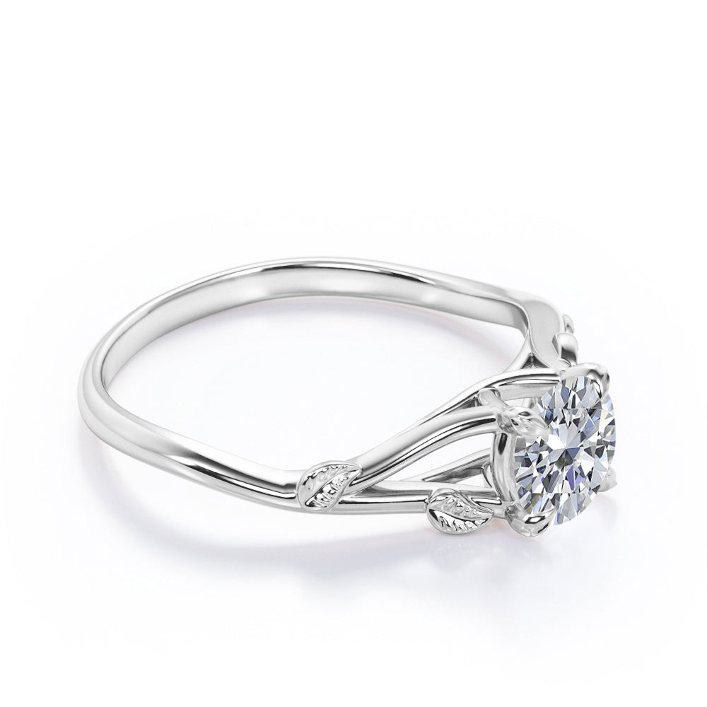 Modern Nature inspired 1 carat Round cut Moissanite solitaire engagement ring in Black gold