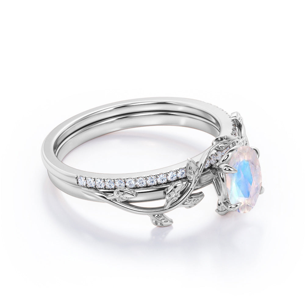 Olive leaf ring inspired Oval cut 1.25 carat Moonstone and diamond Wedding ring set in White gold