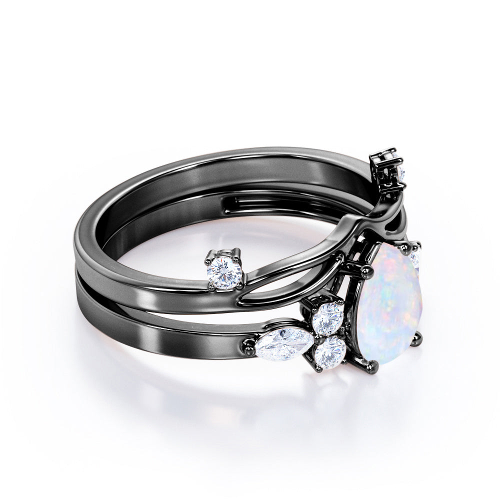 Mid century-Modern inspired 1.35 carat Pear cut Opal and diamond vintage art deco bridal set for her in White gold