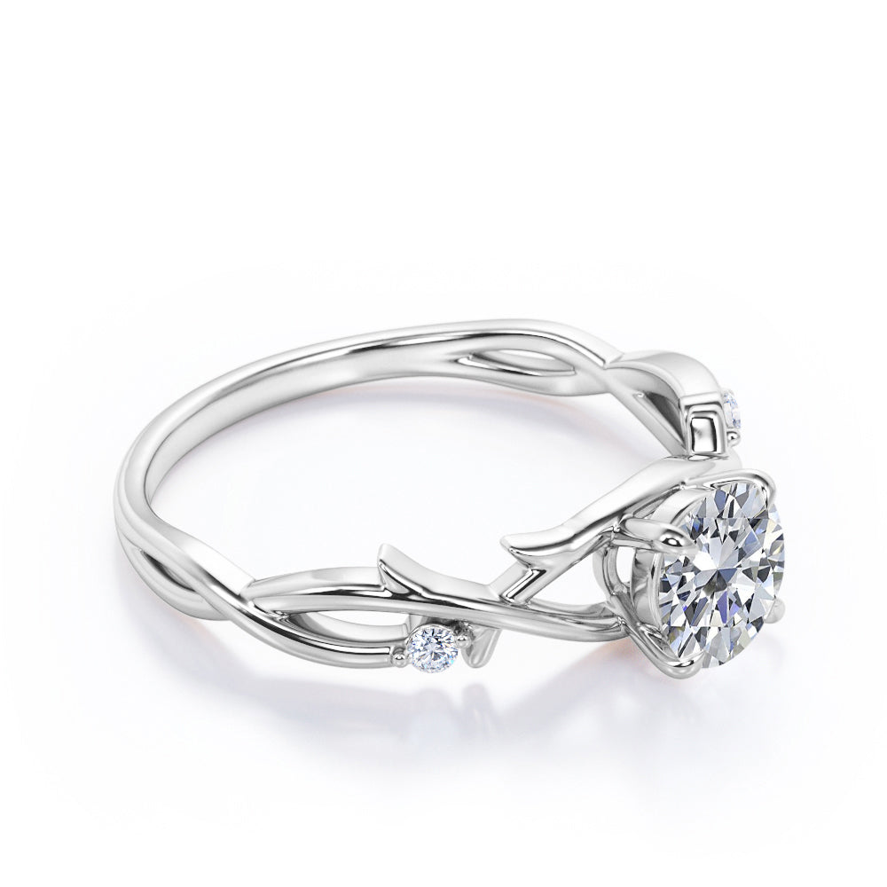 Branch leaf inspired 1 carat Round cut Moissanite and diamond solitaire engagement ring in rose gold