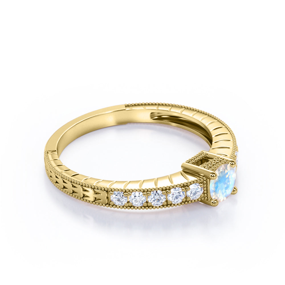 Vintage Beaded 1.25 carat Round cut Blue Moonstone and pave diamond Milgrain Edge Engagement ring in White gold