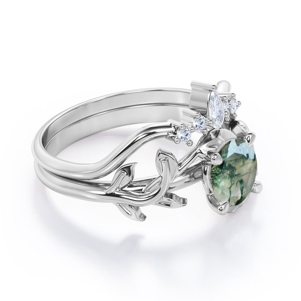 Earthy Tiara style 1.2 carat Round cut Moss Green Agate and diamond nature inspired wedding ring set in Rose gold