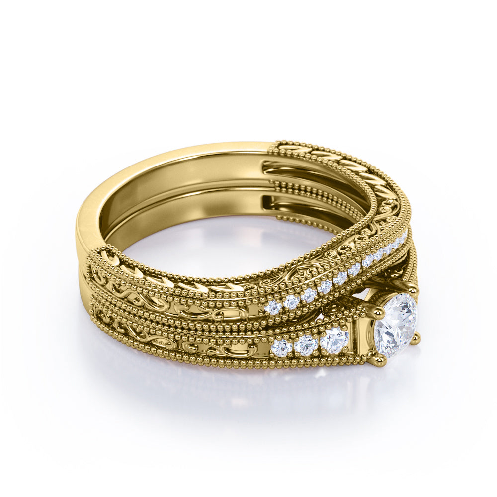 Contoured 0.8 carat Round cut Moissanite and diamond vintage filigree wedding ring set in rose gold