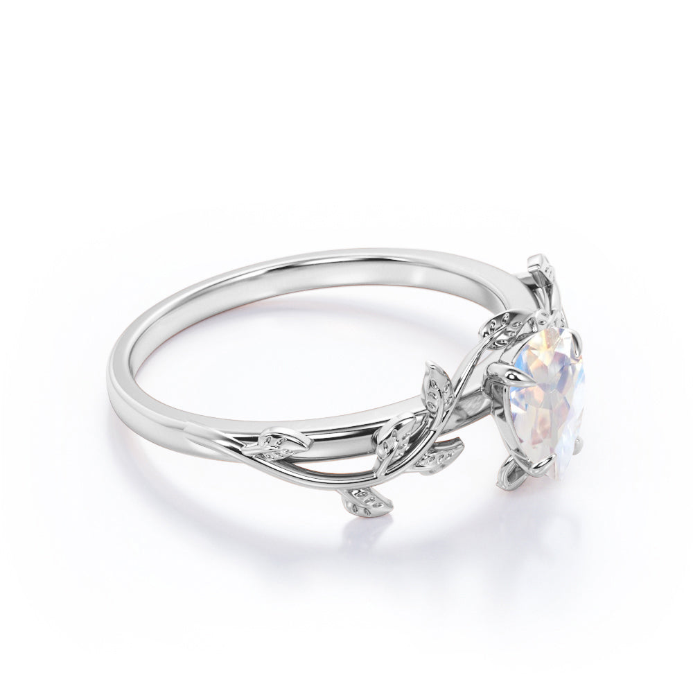 Vine leaf inspired 1 carat Pear cut Moonstone Almond shape Engagement ring for her - Anniversary ring