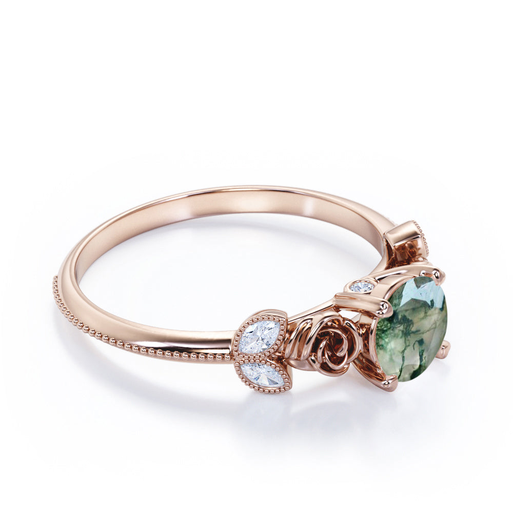 Rose ring-1.15 carat Round cut Moss Green Agate and diamond marquise milgrain engagement ring in Black gold
