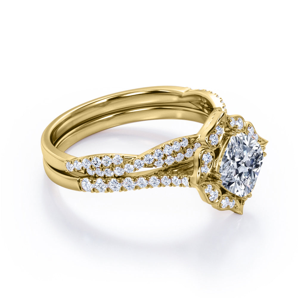 Cluster halo 1.6 carat Cushion cut moissanite and diamond pave wedding ring set in Whit gold
