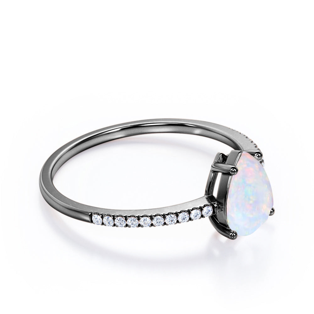 Classic Pave 1.20 carat Pear cut Opal and diamond vintage style engagement ring in Black gold
