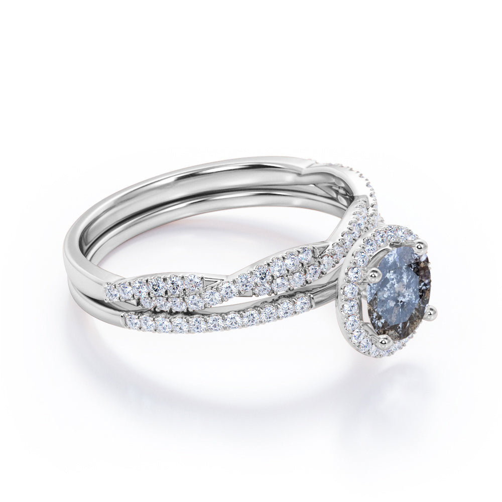 Vintage Halo 1.1 carat Round cut salt and pepper diamond Engagement ring with diamond infinity wedding band - Bridal set in White gold