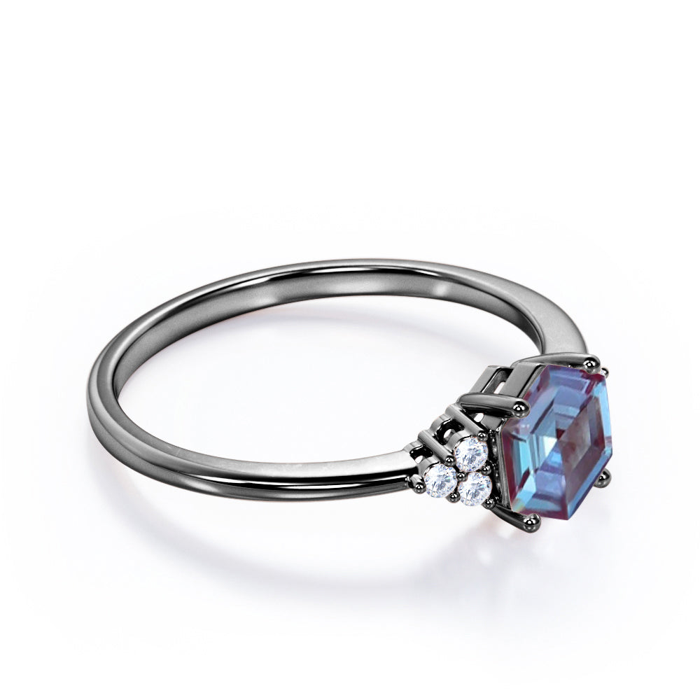 Quadrilateral Prong 0.55 carat Alexandrite and diamond seven stone engagement ring in Black gold
