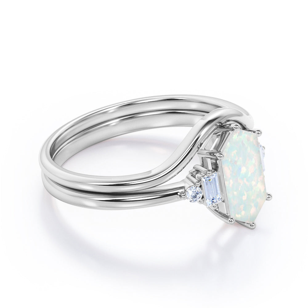 Magnificent 1.15 carat Hexagon cut Opal and diamond engagement ring with U-shaped wedding band in Black gold-Bridal set