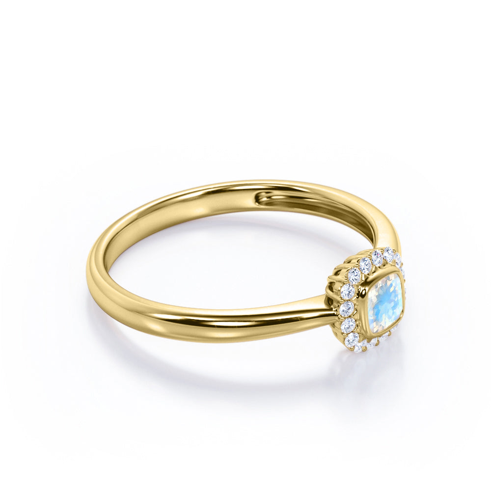 Tapered halo Cushion Cut 0.75 carat Moonstone and diamond engagement ring in Rose gold
