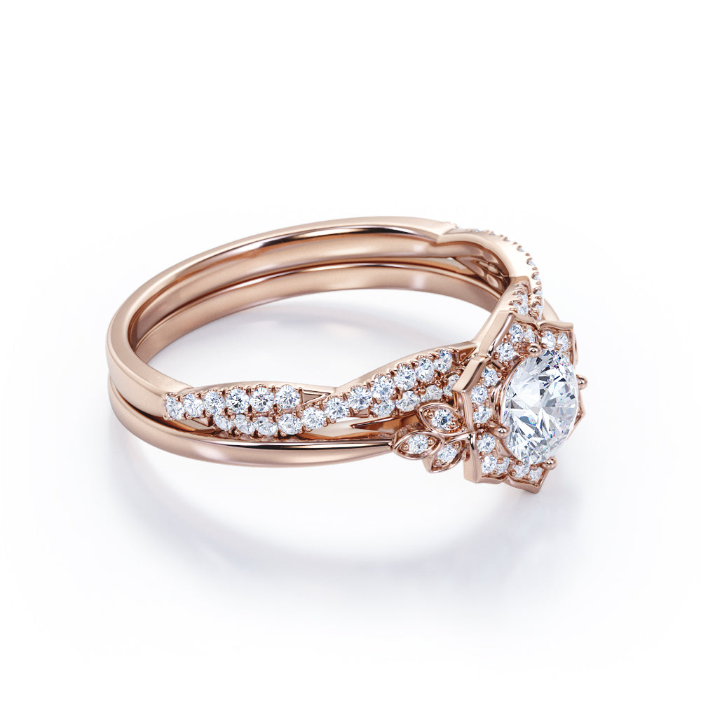 Half-infinity 1.5 carat round cut Moissanite and diamond floral inspired engagement rings and wedding band in gold-Bridal set