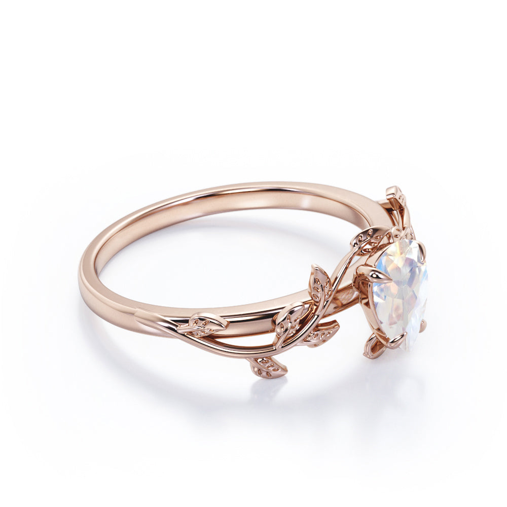 Vine leaf inspired 1 carat Pear cut Moonstone Almond shape Engagement ring for her - Anniversary ring