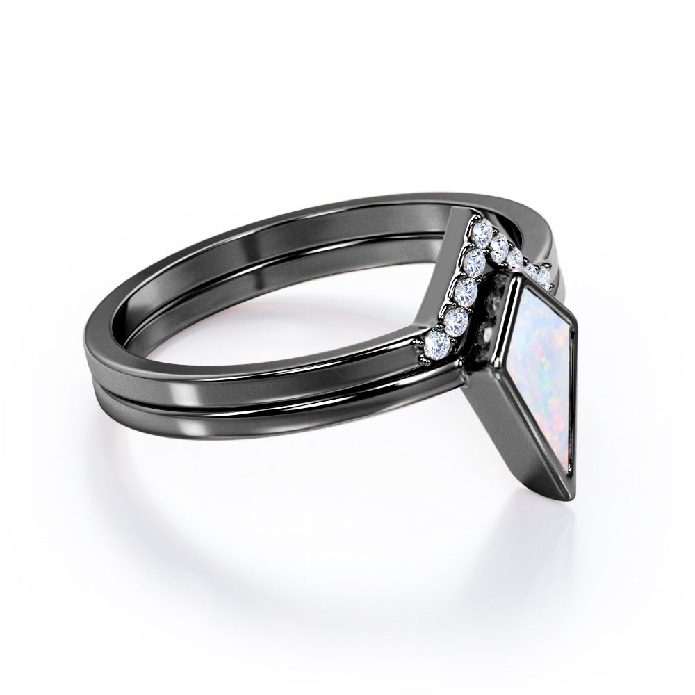 Bezel Crown 1.10 carat Kite Cut Opal and pave diamonds vintage tapered shank engagement ring in Rose gold