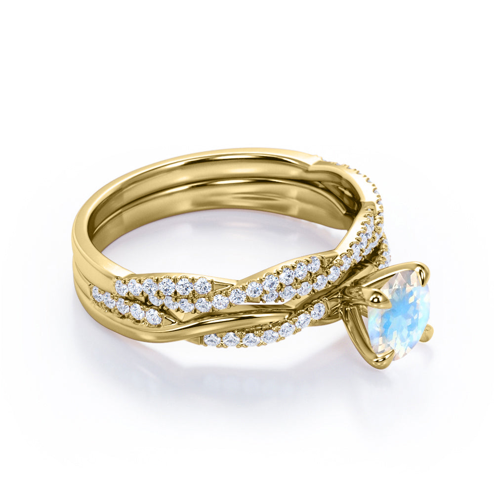 Twisted infinity 1.5 carat Round cut Prong setting Moonstone and diamond Wedding ring set for women in gold