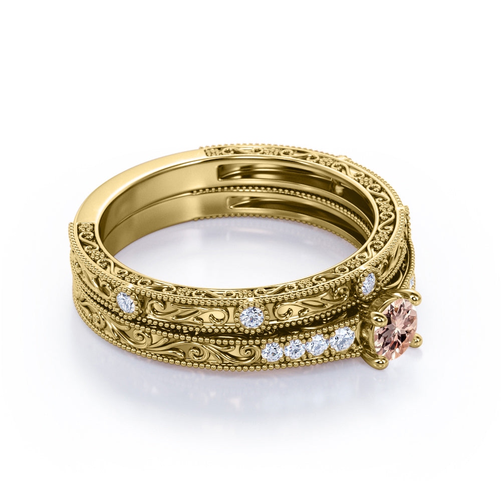 Antique Edwardian Décor 0.65 carat Round cut Peach pink Morganite and Diamond filigree and milgrain wedding ring set in White gold