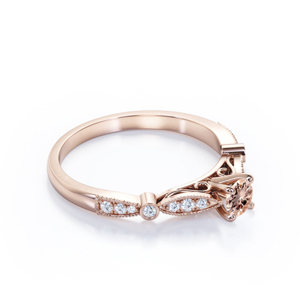 Timeless 0.75 carat Round cut Peach pink Morganite and diamond pinched shank engagement ring in White gold