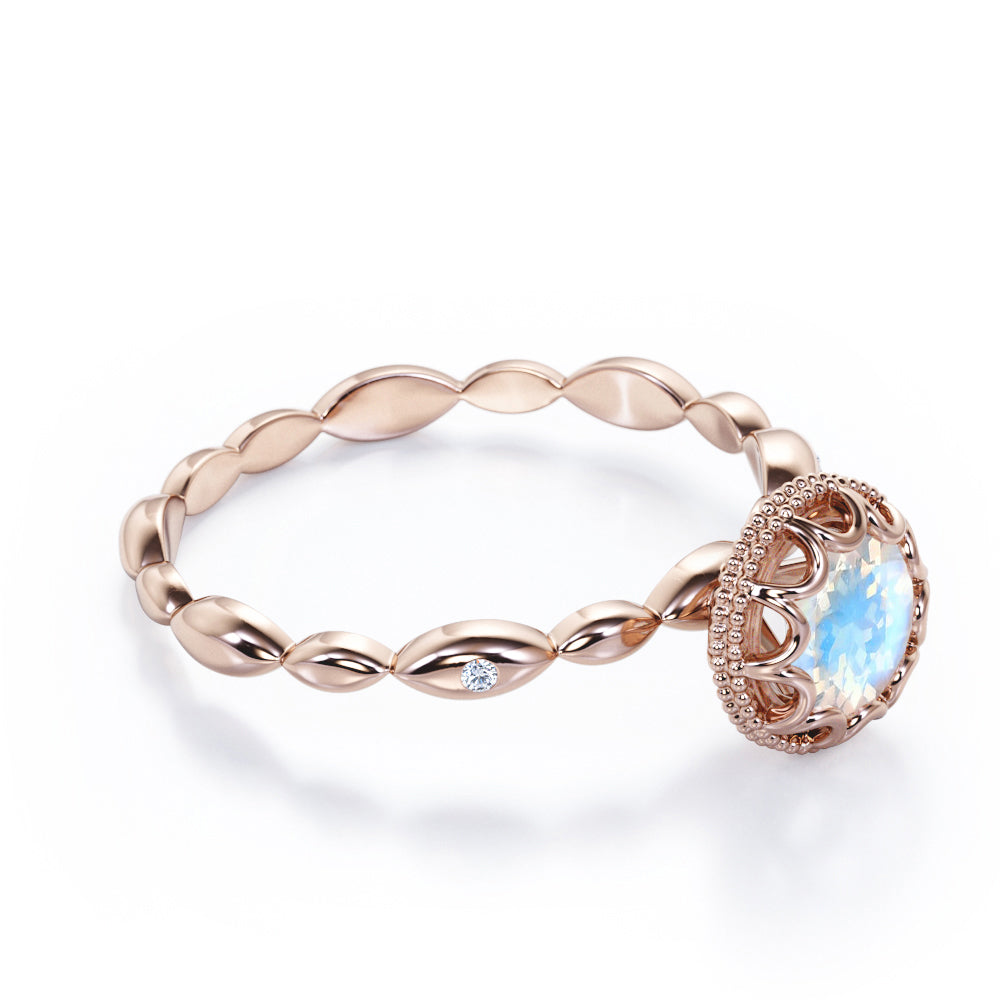 Flower Milgrain Halo 1 carat Round cut Blue Moonstone solitaire infinity engagement ring in White gold