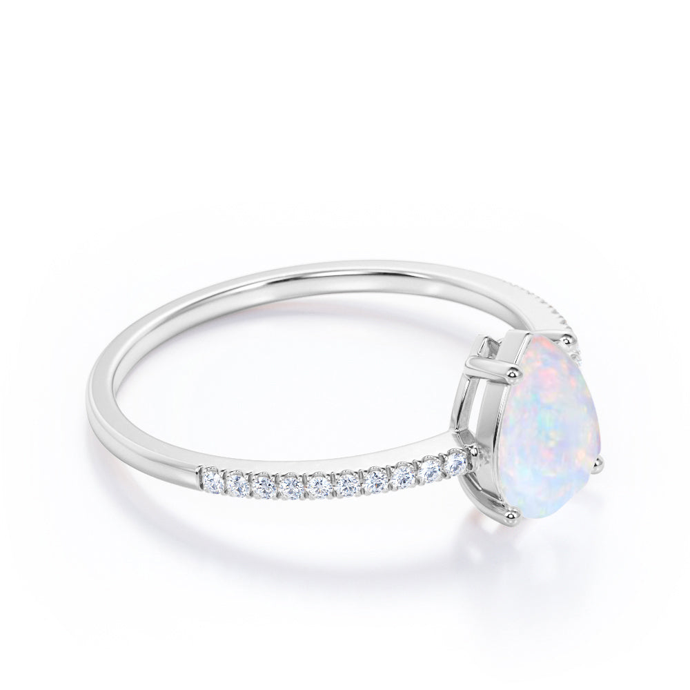 Classic Pave 1.20 carat Pear cut Opal and diamond vintage style engagement ring in Black gold