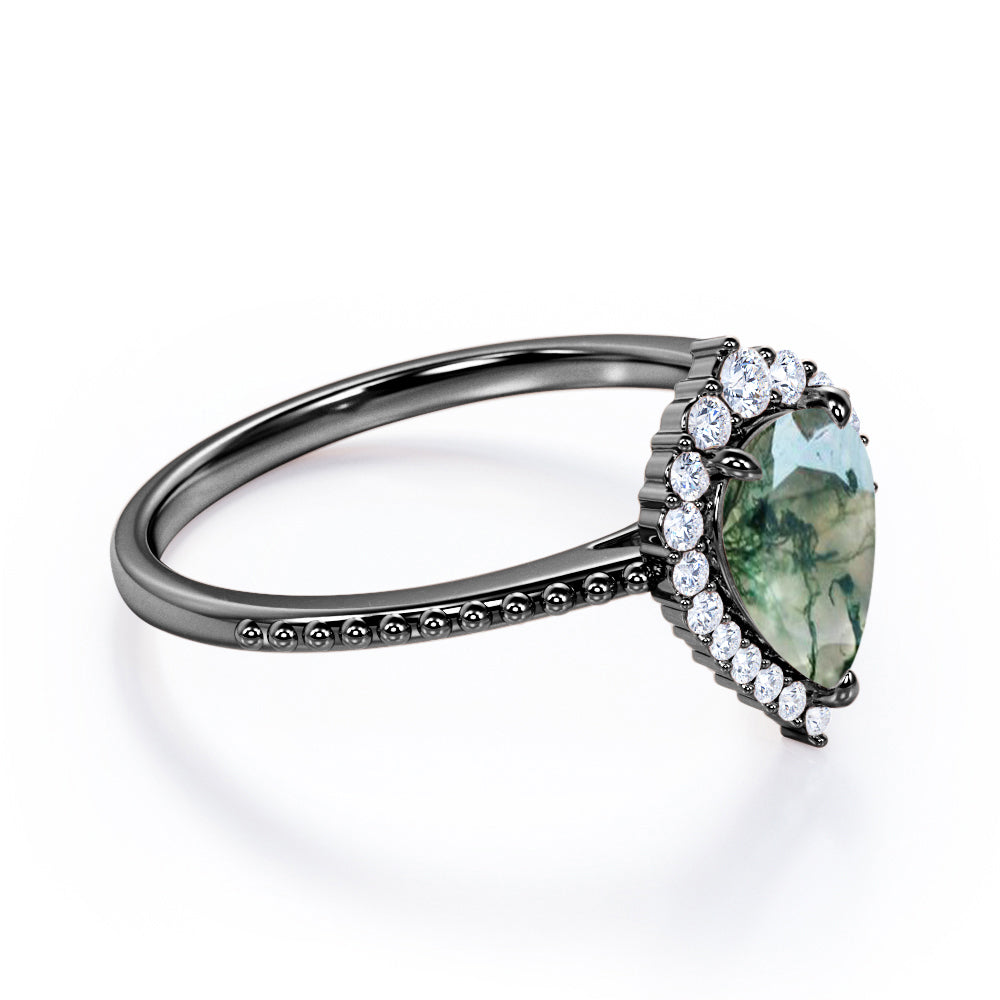 Royal inspired 1.2 carat Pear shaped Moss Green Agate and diamond Milgrain and halo engagement ring in Rose gold