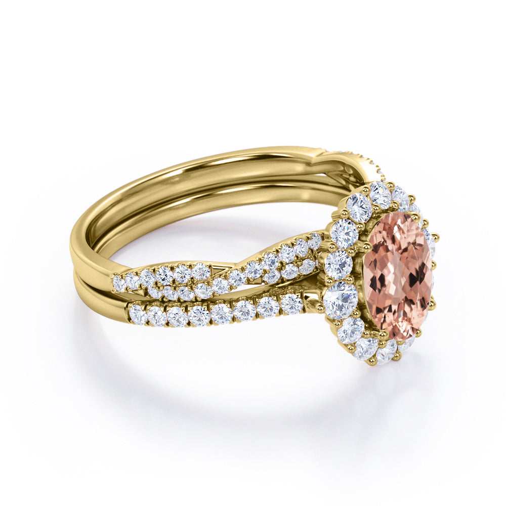 Cluster Halo 1.75 carat Oval cut Morganite and pave diamond - shared prong setting - half-infinity wedding ring set for women in White gold