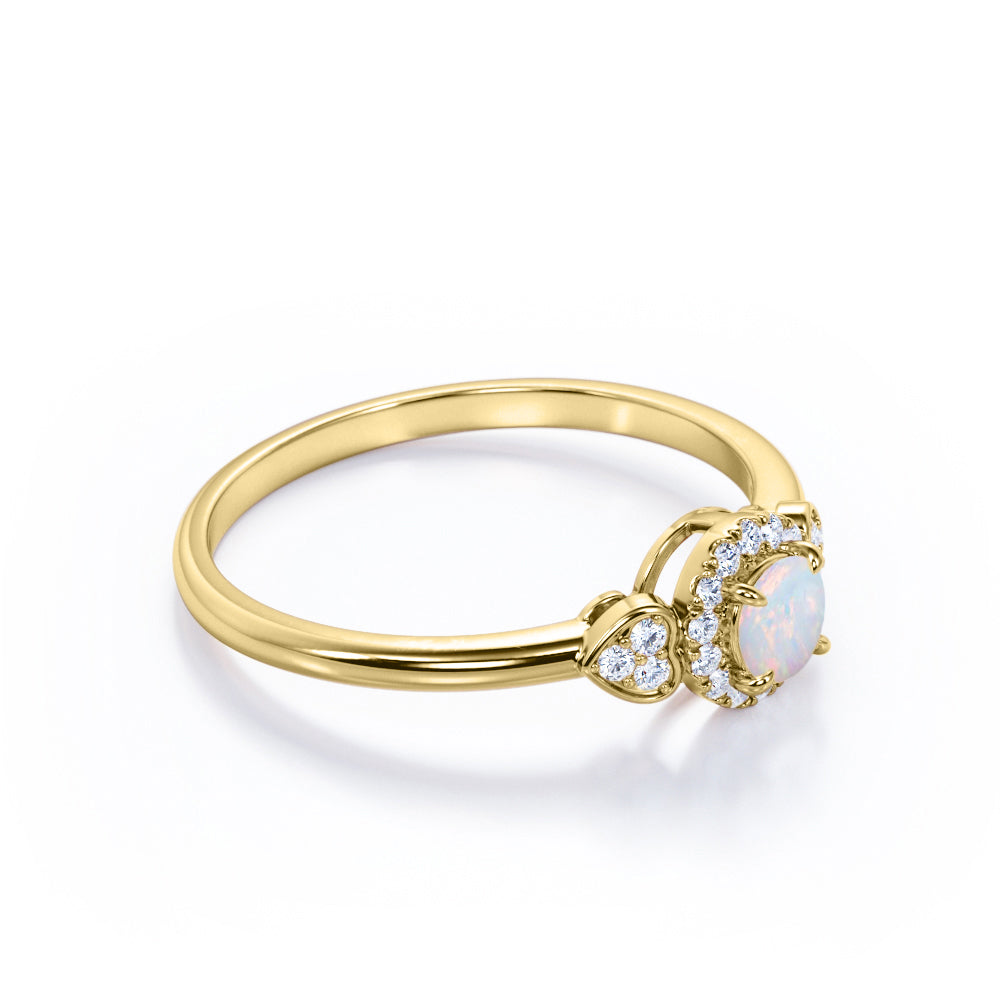 Romantic 0.75 carat Round cut Fire opal and diamond 3 stone halo engagement ring for women-Heart ring