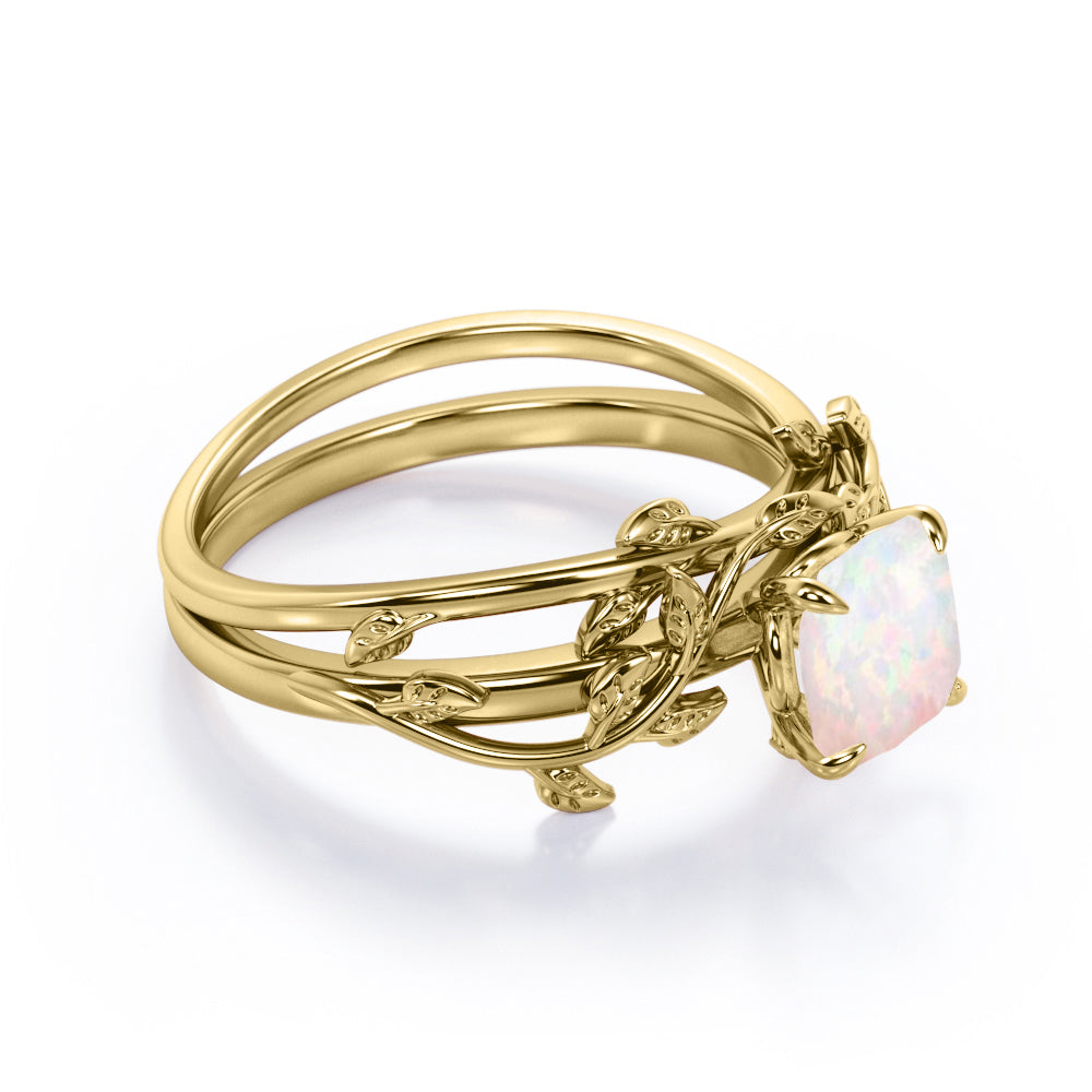 Unique 1 carat Cushion cut Fire Opal Nature-themed Bridal ring set in White gold