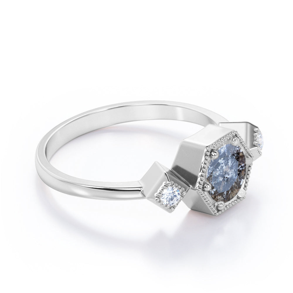Trio Bezel 0.6 carat Round cut Salt and pepper diamond and White diamond milgrain halo engagement ring in yellow gold