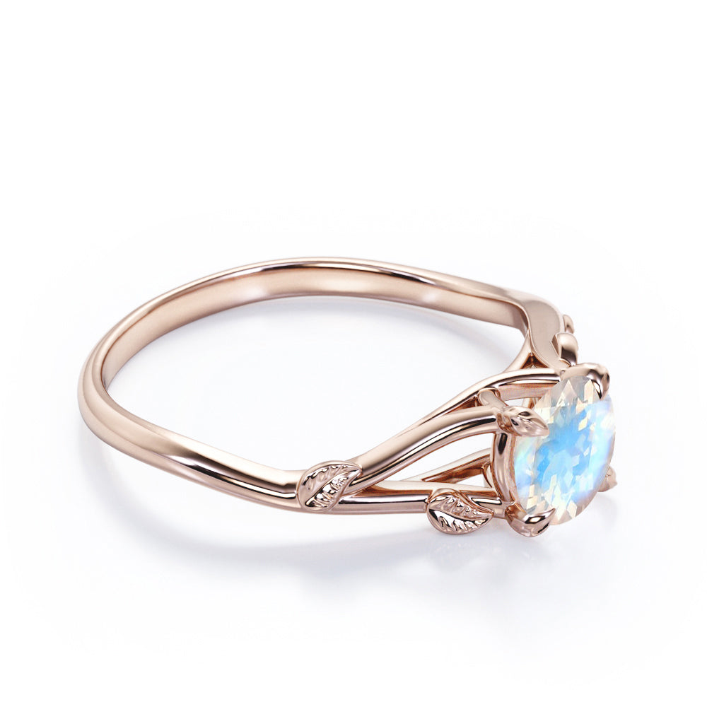 Vine Split Shank 1 carat Round cut Rainbow Moonstone nature inspired engagement ring in Black gold