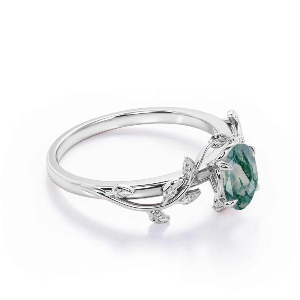Stylish 1 carat Oval cut Moss Green Agate tree Branch Engagement ring for women in White gold - Promise ring