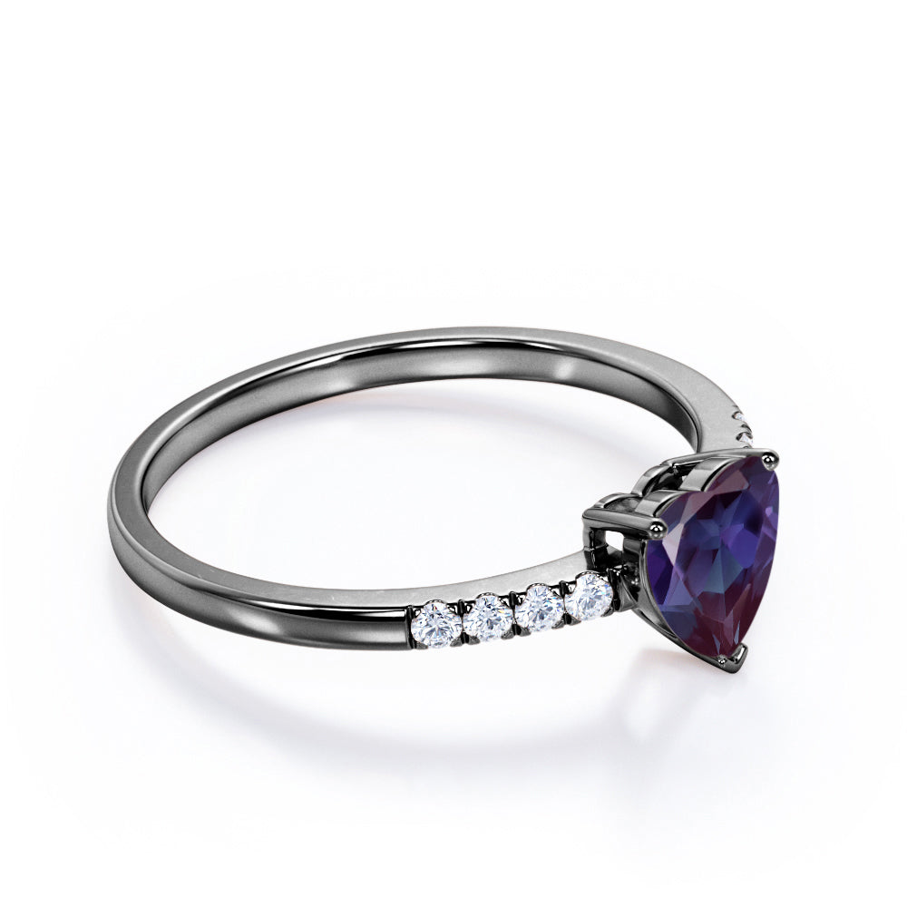 Romantic Pave 1.2 carat Heart shaped Alexandrite and diamond art deco inspired engagement ring in Black gold